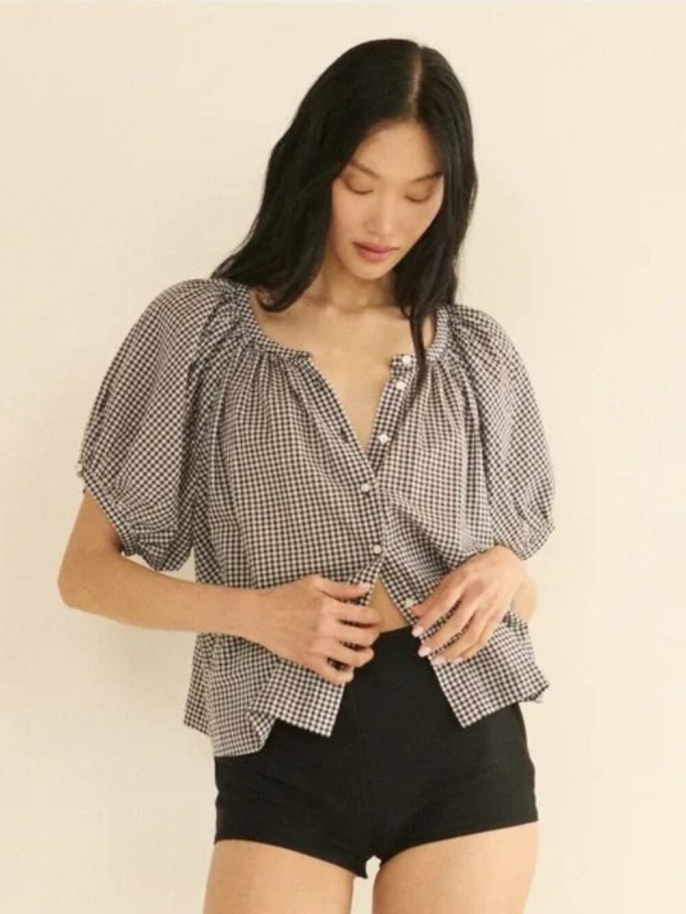 NWT DOEN June Top in Noir La Maddalena Gingham Puff Sleeve Peasant Blouse XS